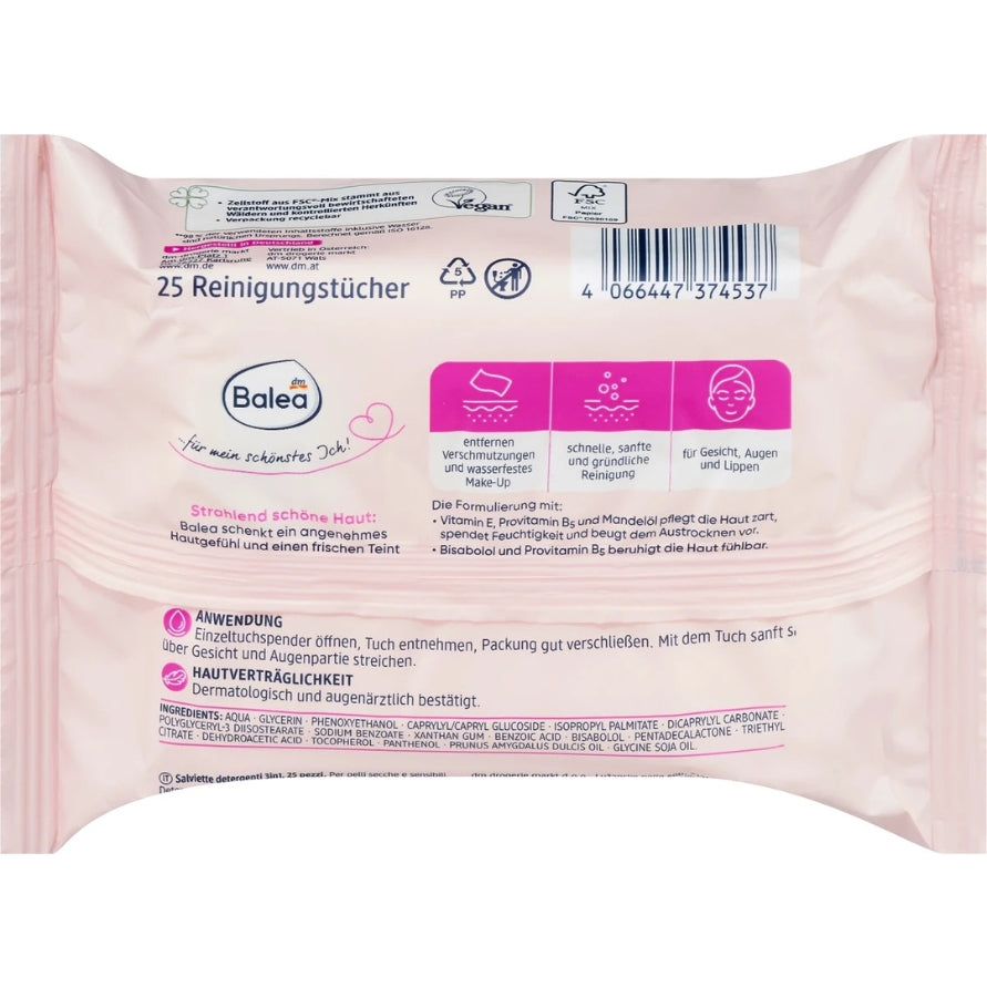 Balea - Make-up removal wipes nourishing 3in1, (25 pieces)